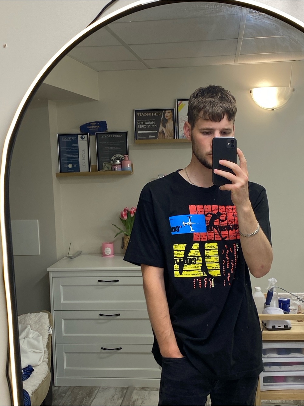 Black Short-Sleeve Graphic Tee with Red, Blue and Yellow Blocks